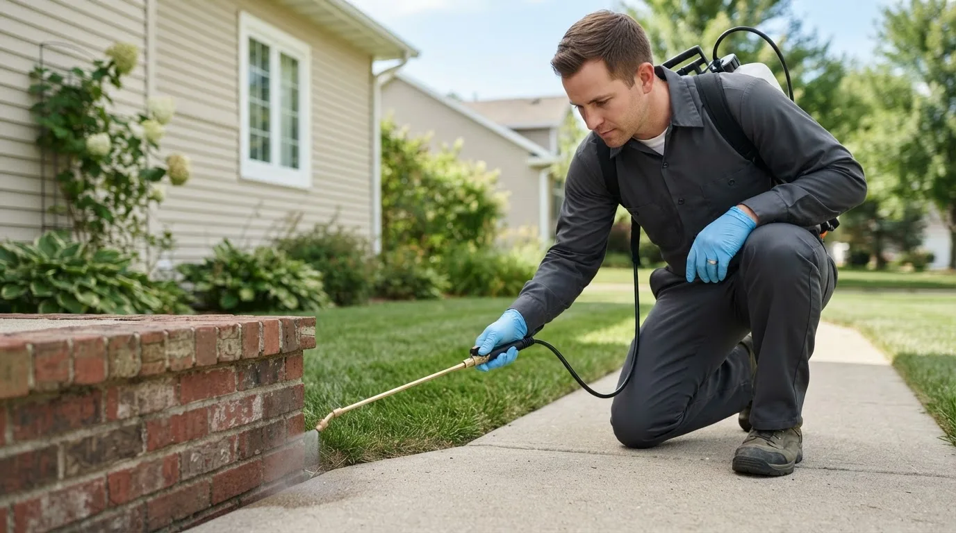Pest control technician treating a home near Stamford, VT